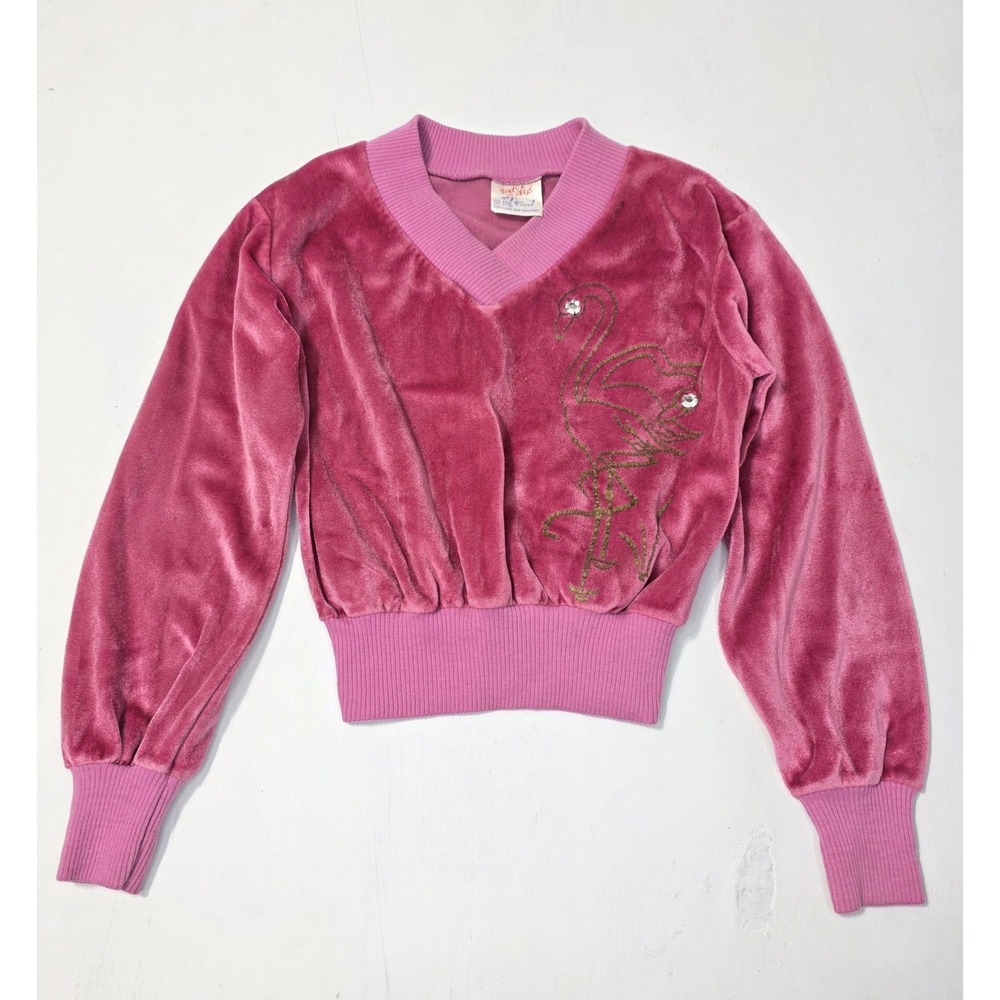 Vtg Girls Are Great Sweater Size 6 7 Pink Velour Flamingo USA 80s Track Pullover